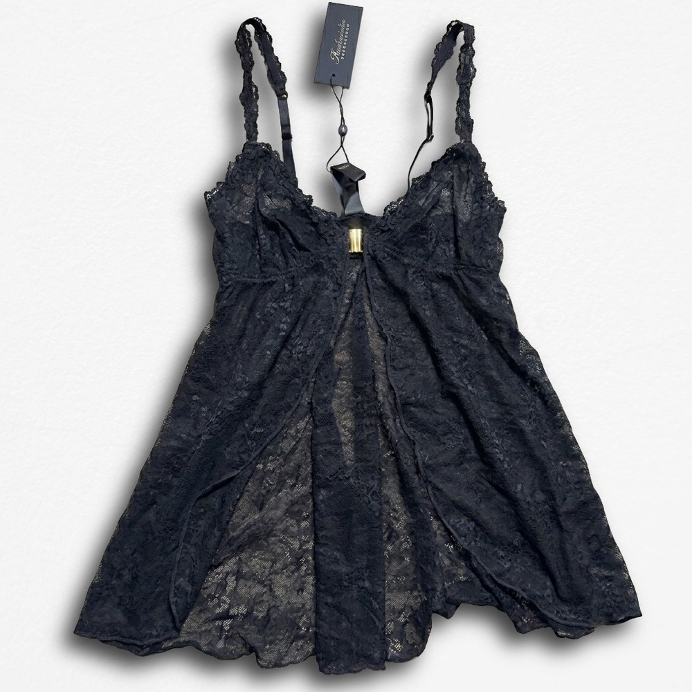 Fredericks of Hollywood Black Lace Babydoll Chemise Lingerie Flyaway Front Med
